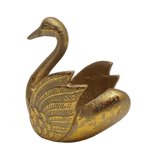 Gold brass swan figurine with engraved feather details and hollow bowl back