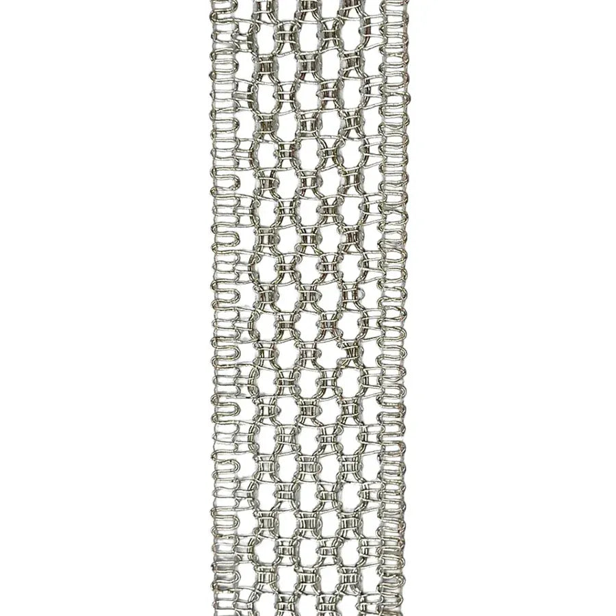 Silver metallic link chain ribbon with interlocked wire loops, 1.5 inches wide