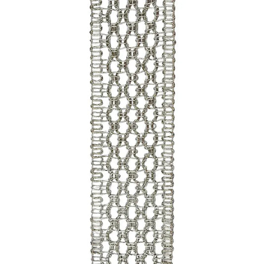 Silver metallic link chain ribbon with interlocked wire loops, 1.5 inches wide