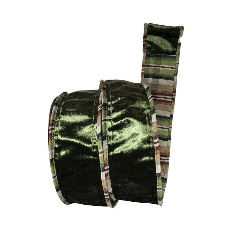 Green velvet ribbon roll with plaid backing, 2.5 inch wide wired edges