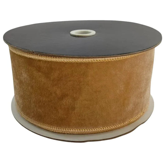 Gold velvet wired ribbon 2.5 inch wide wound on cardboard spool