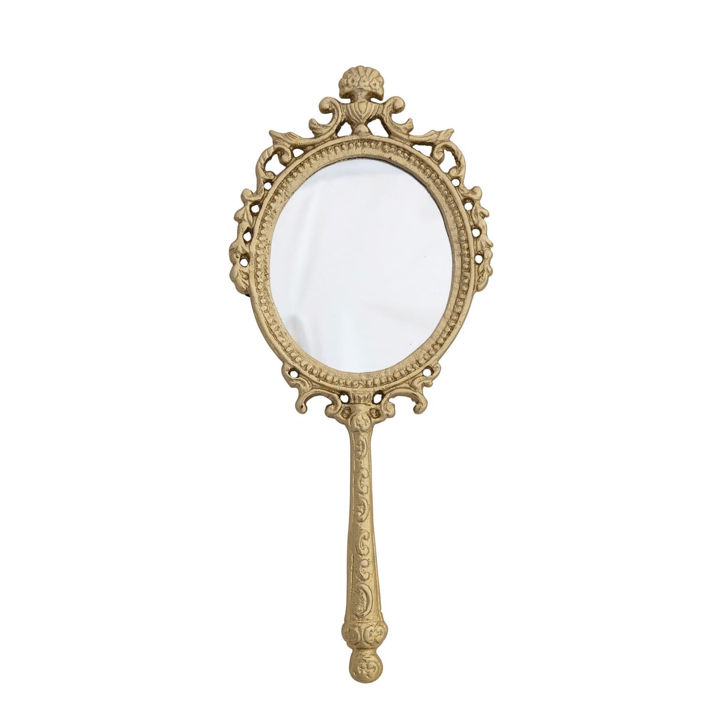 Embossed Metal Framed Hand Mirror, Antique Gold Finish