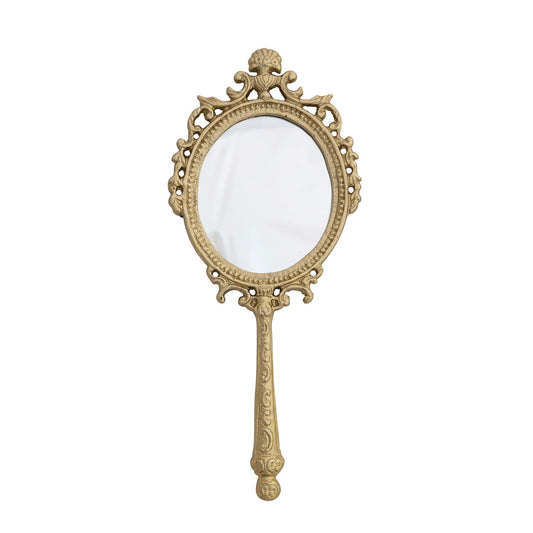Embossed Metal Framed Hand Mirror, Antique Gold Finish