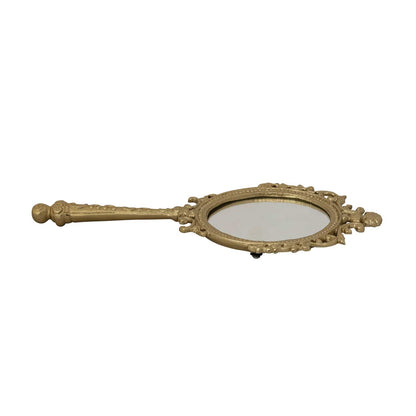 Embossed Metal Framed Hand Mirror, Antique Gold Finish