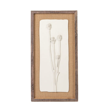 Wood Framed Wall Decor with Plaster Cast Botanical & Jute Mat, White & Brown