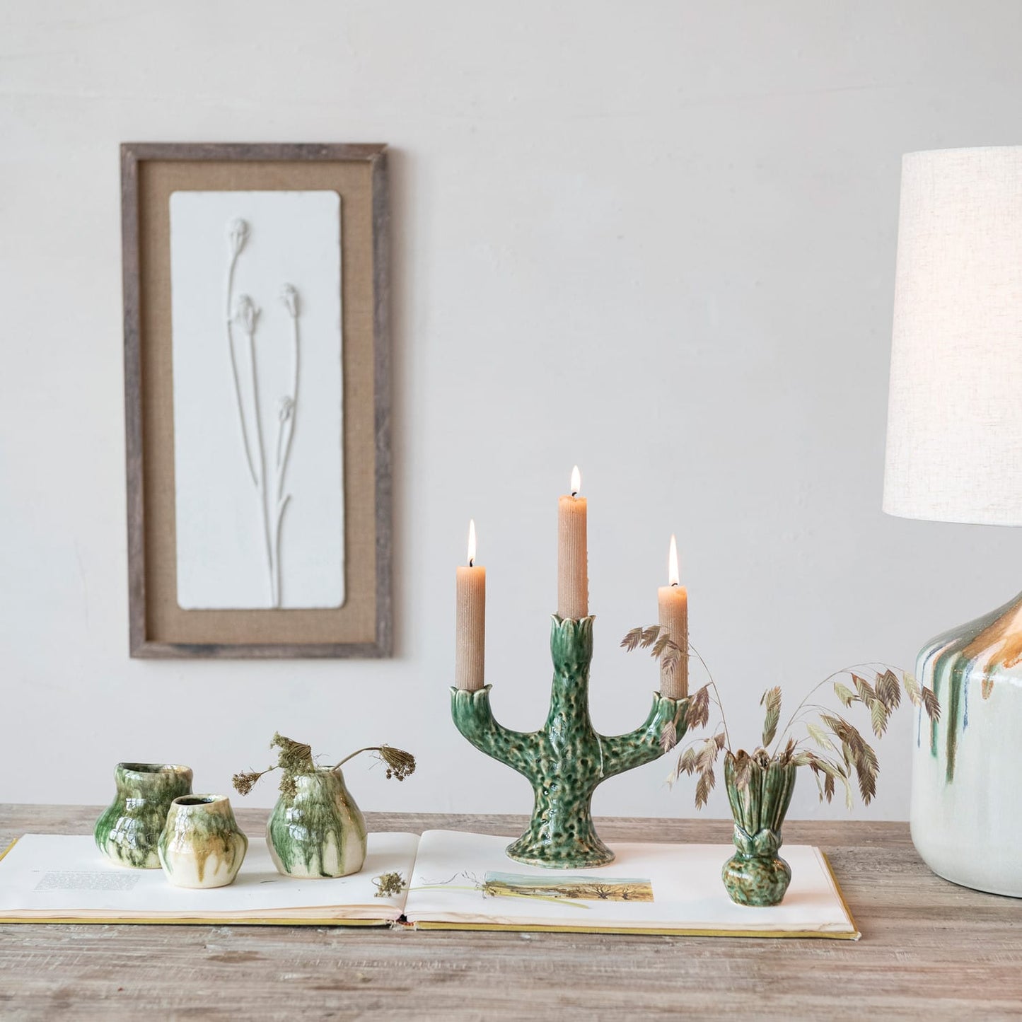 Wood Framed Wall Decor with Plaster Cast Botanical & Jute Mat, White & Brown