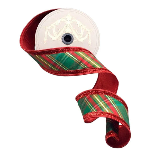 Red green gold diagonal plaid wired ribbon spool with glitter edges, 2.5 inch wide