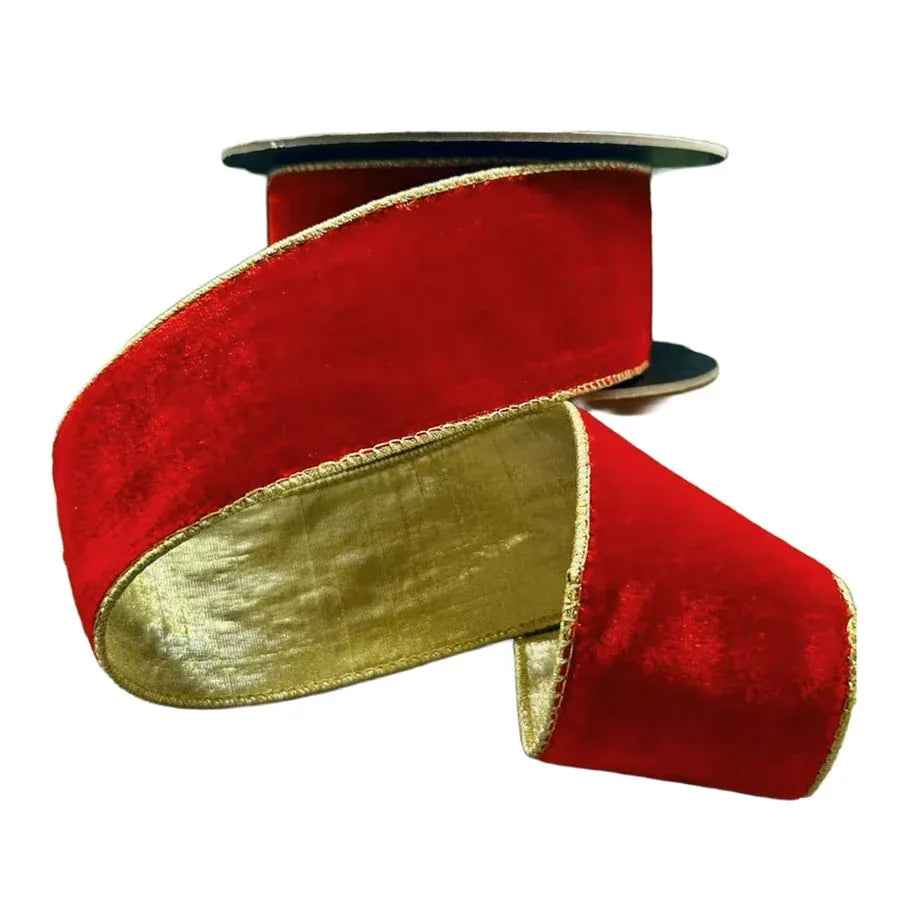 Red velvet wired ribbon with gold metallic back and edges on spool, 2.5 inch wide