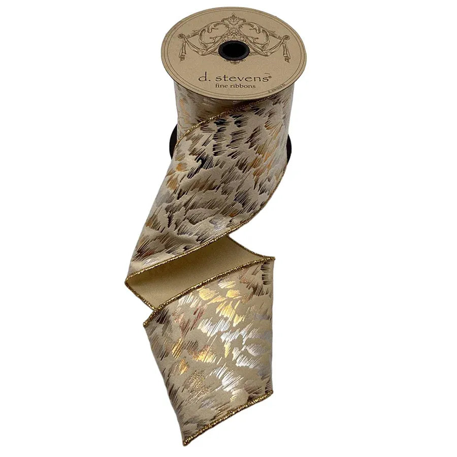 D. Stevens ivory faux suede wired ribbon with gold metallic feather pattern on spool