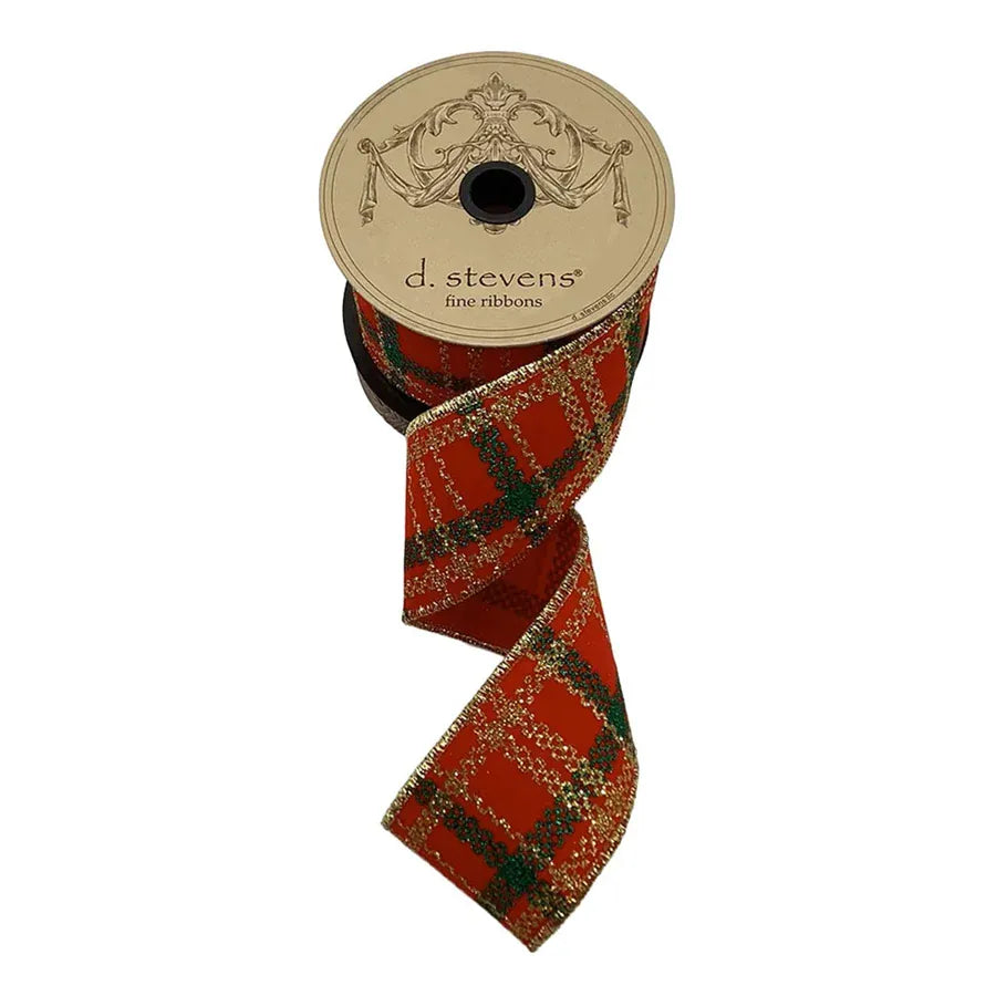 Red velvet plaid ribbon spool with gold and green glitter accents, wired edges