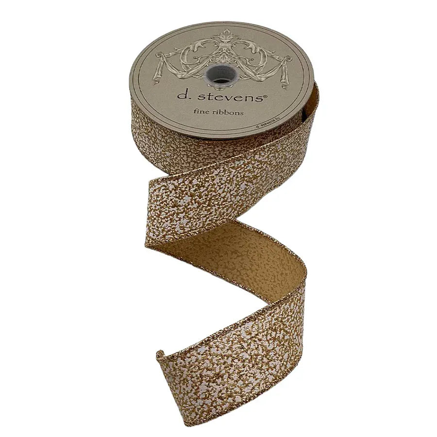 Gold and white glitter speckle wired ribbon on spool by d. stevens fine ribbons