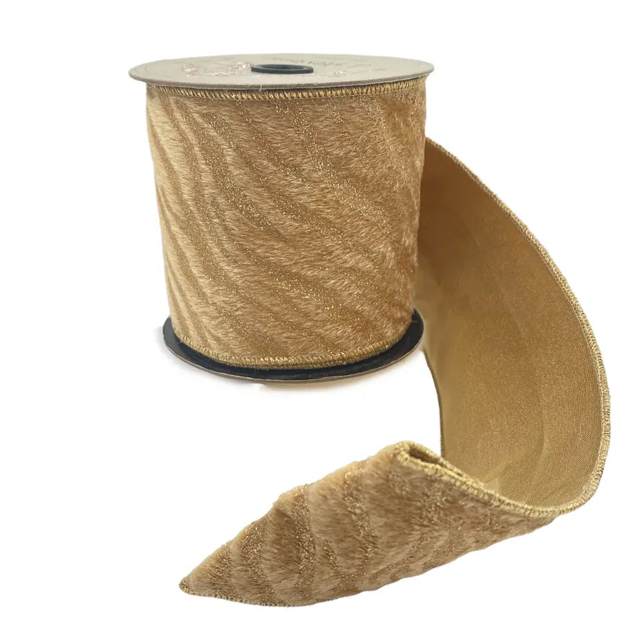 Gold velvet wired ribbon with glitter tiger stripe pattern on spool, 4 inch wide