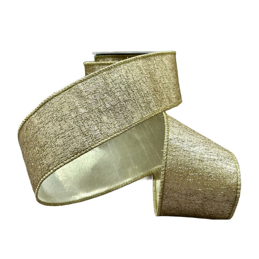 Gold metallic wired ribbon roll, 2.5 inches wide, shimmery iced texture with satin backing