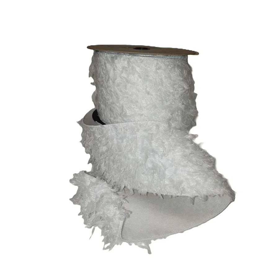 White ostrich feather ribbon on cardboard spool, 4 inch wide fluffy decorative trim