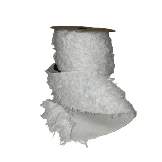 White ostrich feather ribbon on cardboard spool, 4 inch wide fluffy decorative trim