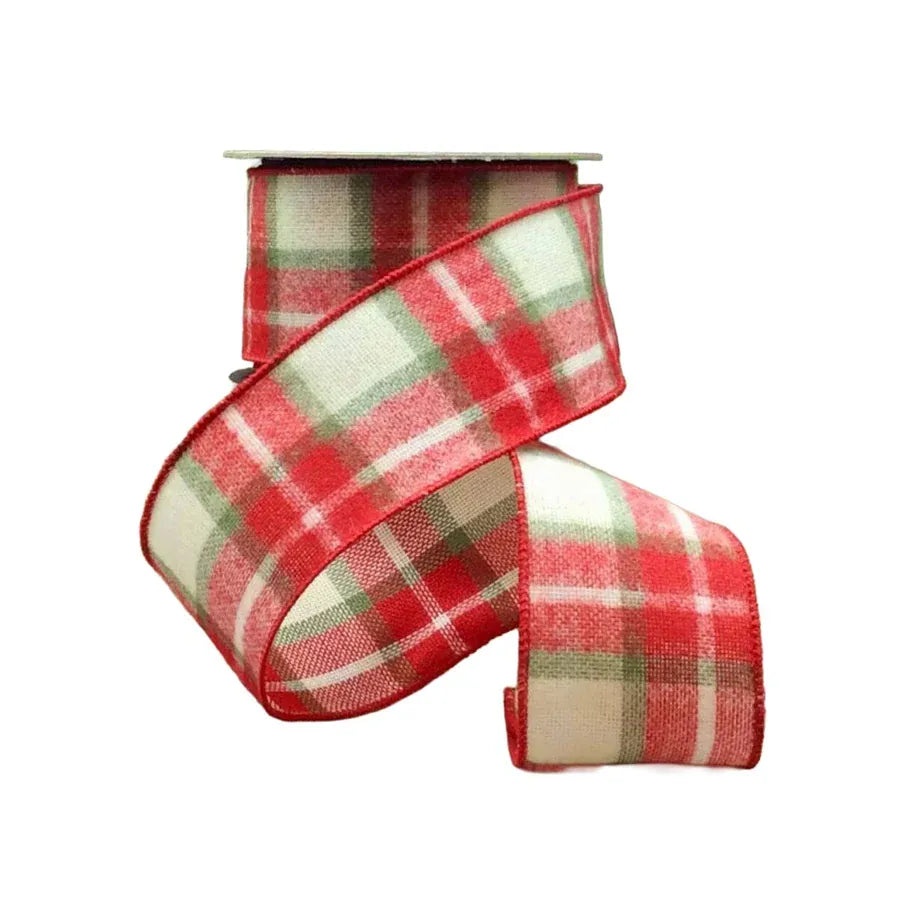 Red green and cream flannel plaid wired ribbon rolled on spool 2.5 inch wide