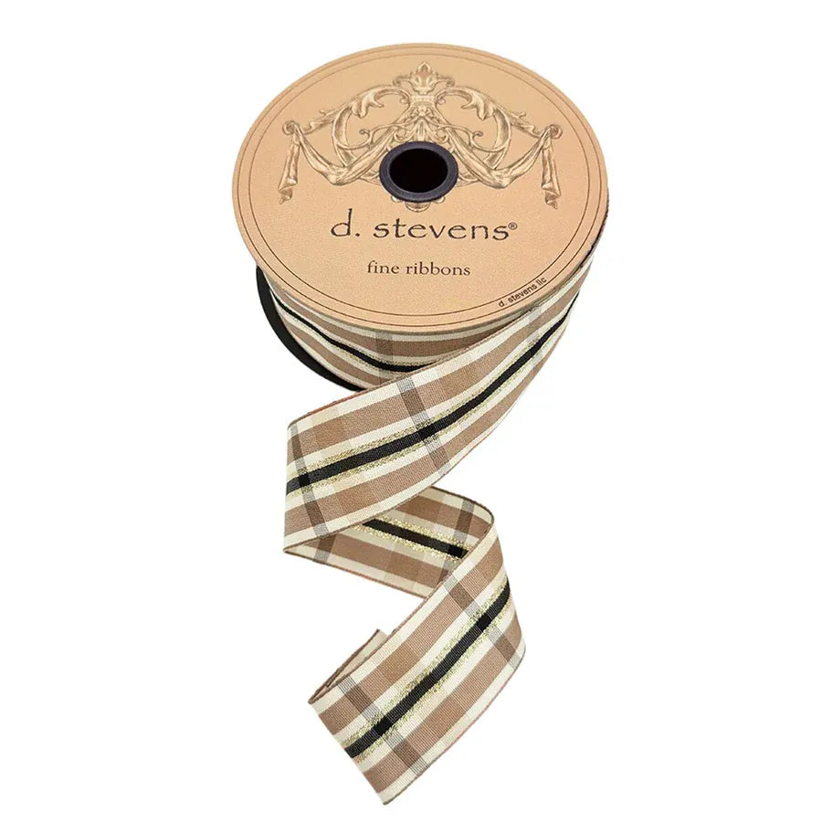 D. Stevens brown black gold plaid wired ribbon spool, 1.5 inch wide poplin fabric