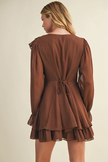Tie Front Ruffled Dress in Dark Mocha
