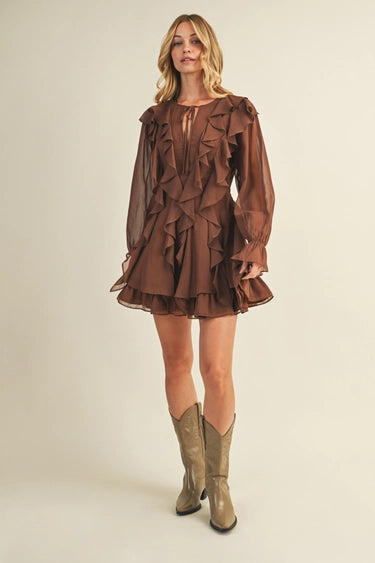 Tie Front Ruffled Dress in Dark Mocha