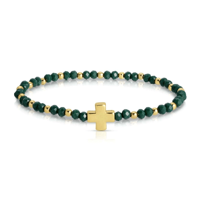 Green crystal stretch bracelet with gold beads and gold cross charm