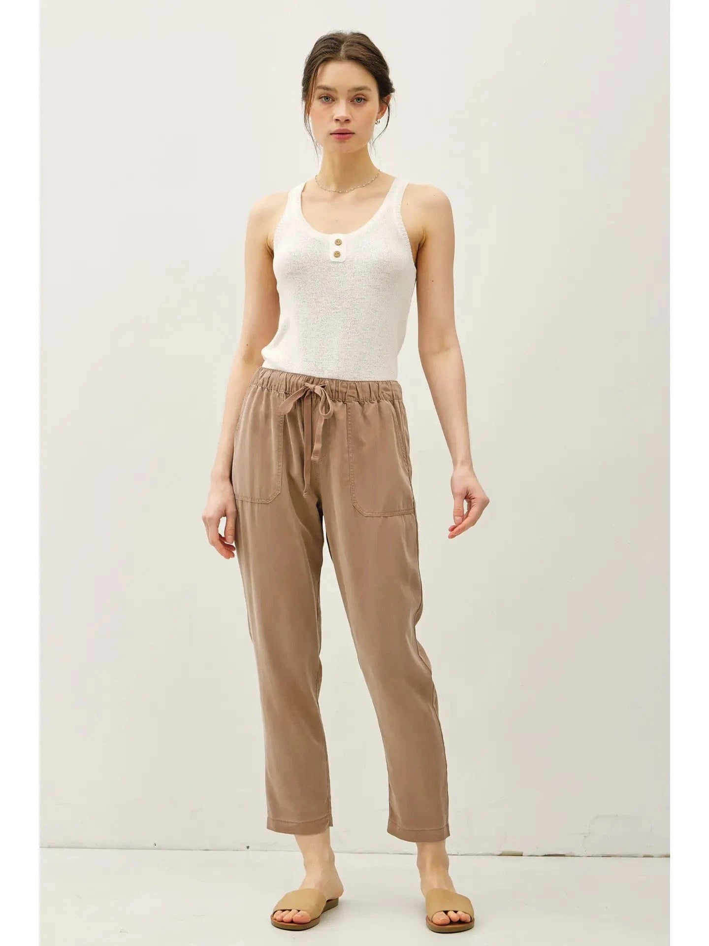 Tencel Wide Leg Capri Pants With Drawstring Waist