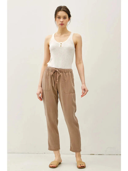Tencel Wide Leg Capri Pants With Drawstring Waist