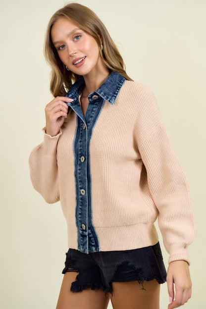 Denim Contrast Sweater Rib Cardigan