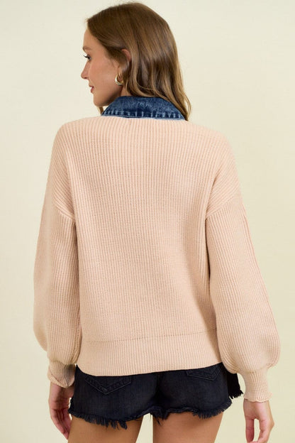 Denim Contrast Sweater Rib Cardigan