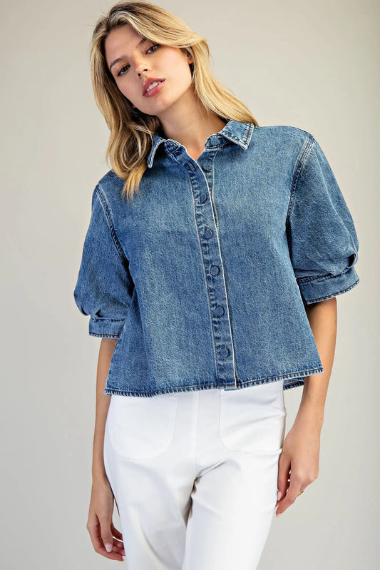 Denim Button Down Puff Sleeve Top