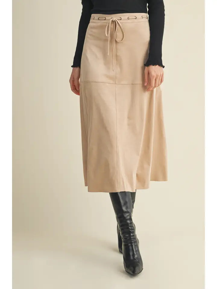 Drawstring Suede A-Line Skirt