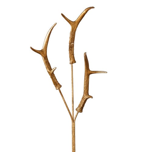 Three gold metallic antler picks on stems arranged as a decorative spray, front view