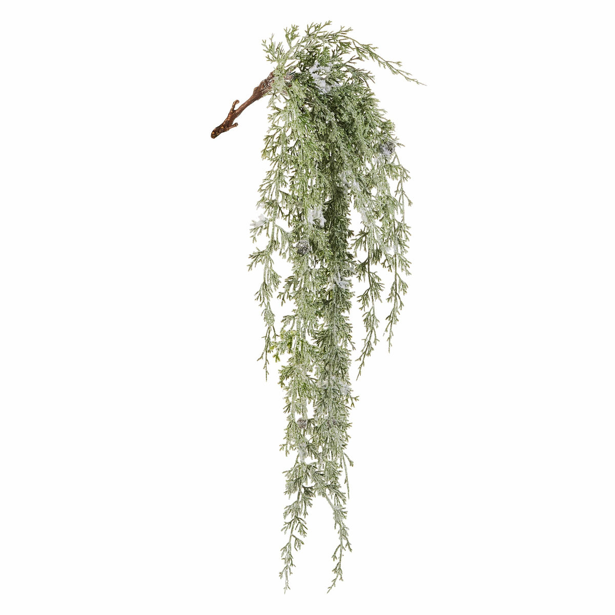 Hanging flocked cedar branch spray with snow dusting and rustic twig hook, cascading downward
