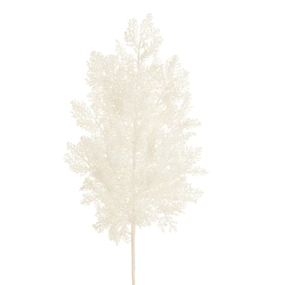 White glittered cedar spray stem with feathery frosted branches on a white stick