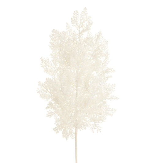 White glittered cedar spray stem with feathery frosted branches on a white stick