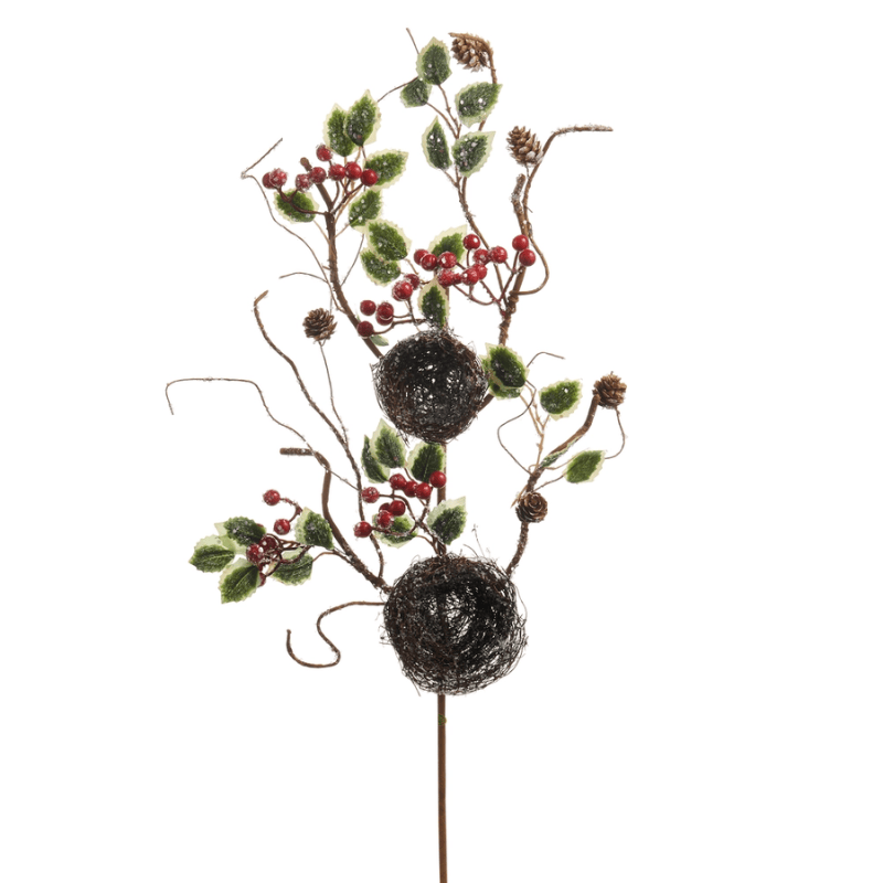 Decorative floral pick with two wire mesh nest balls, holly leaves, red berries, and pinecones