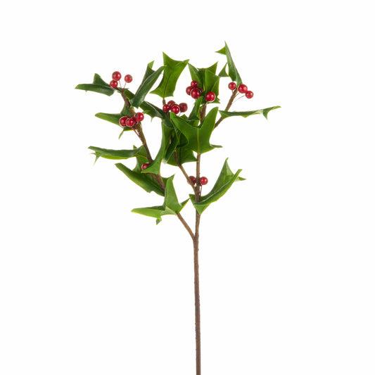 Artificial holly branch pick with spiky green leaves and clusters of red berries