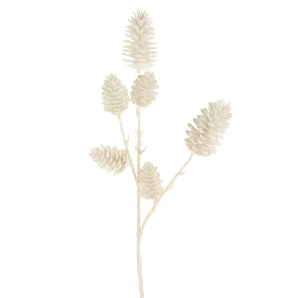 Frosted white artificial pinecone branch with seven cones on bare white stems