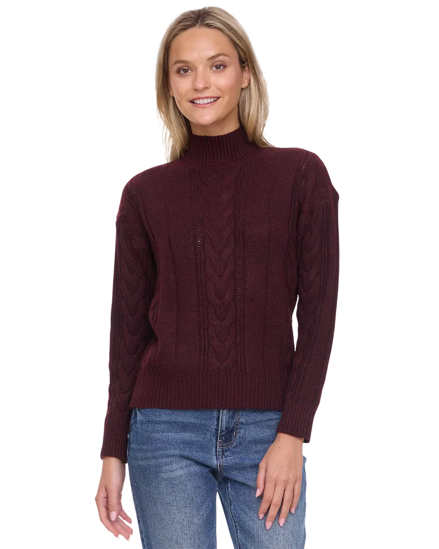 Women's burgundy cable knit mock turtleneck sweater with drop shoulders and ribbed cuffs