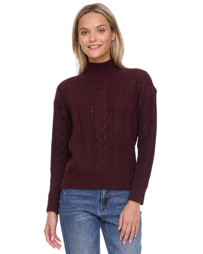 Women's burgundy cable knit mock turtleneck sweater with drop shoulders and ribbed cuffs