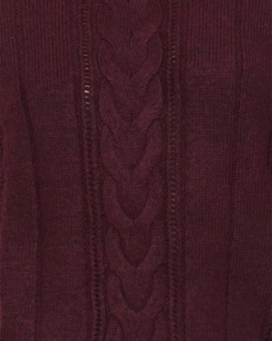 Burgundy cable-knit turtleneck sweater with ribbed panels and braided center detail