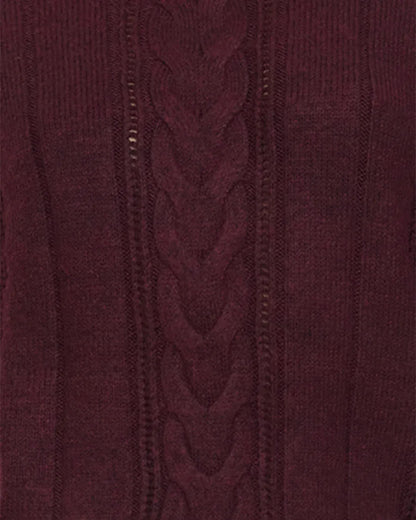 Burgundy cable-knit turtleneck sweater with ribbed panels and braided center detail