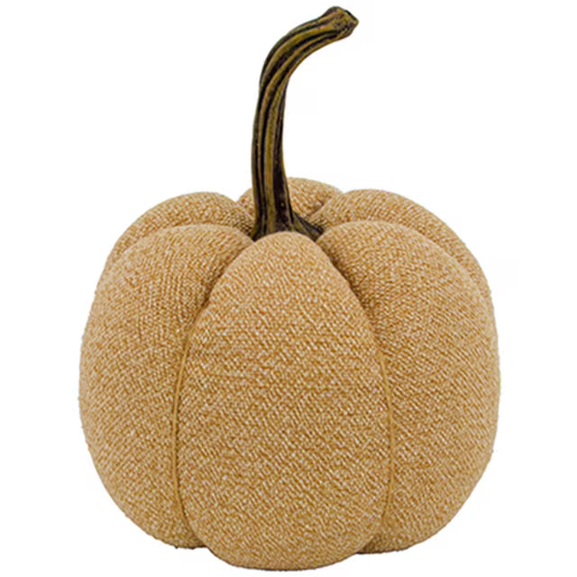 Beige woven fabric decorative pumpkin with dark stem, 8.3 inches tall