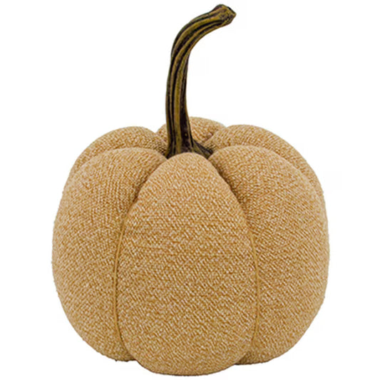 Beige woven fabric decorative pumpkin with dark stem, 8.3 inches tall