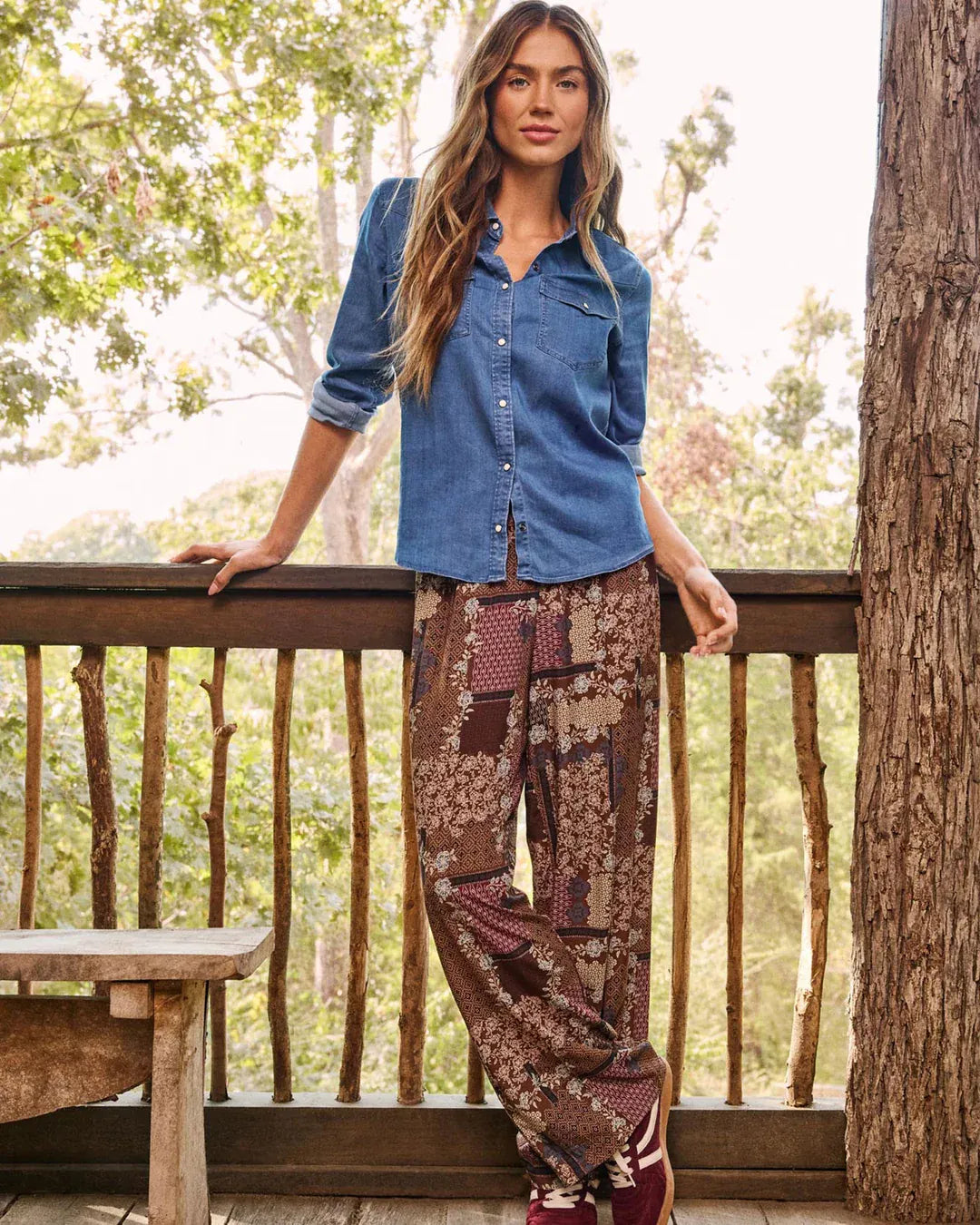 Women's brown floral patchwork wide-leg pull-on pants with elastic drawstring waist