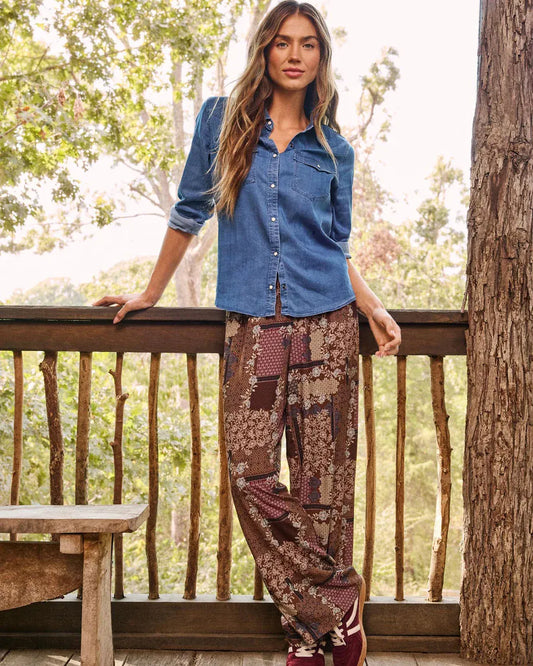 Women's brown floral patchwork wide-leg pull-on pants with elastic drawstring waist