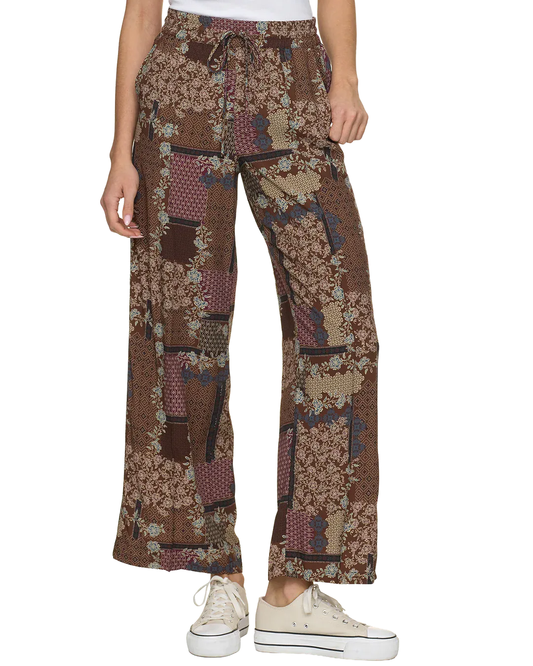 Flag and Anthem Jemison wide-leg pants in brown floral patchwork print with drawstring waist