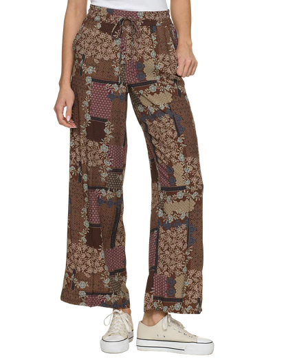 Flag and Anthem Jemison wide-leg pants in brown floral patchwork print with drawstring waist