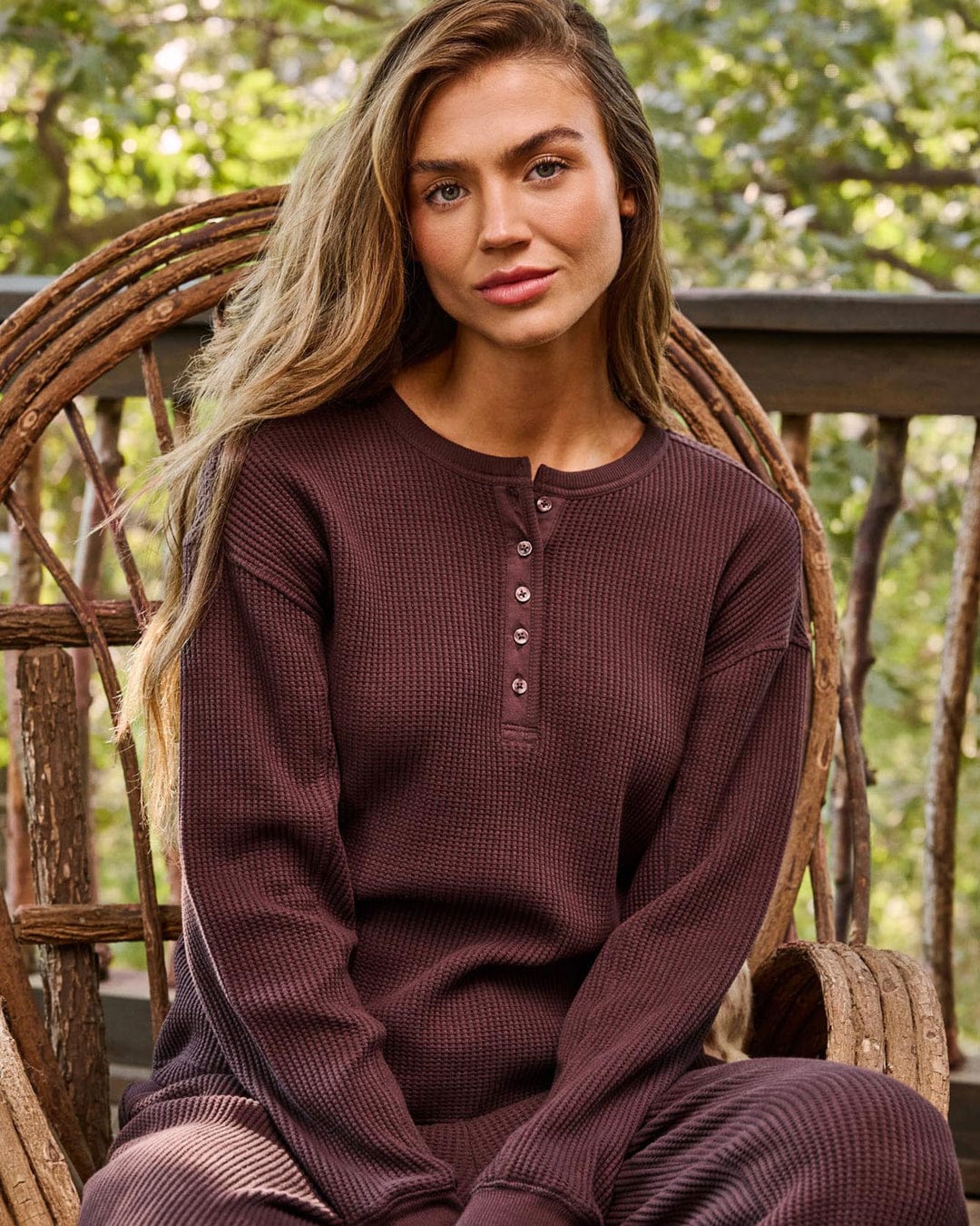 Flag and Anthem Montclair Waffle Henley in dark brown with button placket
