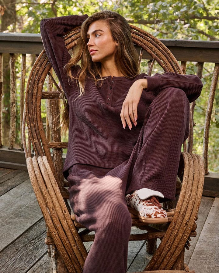 Women's dark plum waffle knit wide-leg lounge pants with relaxed fit