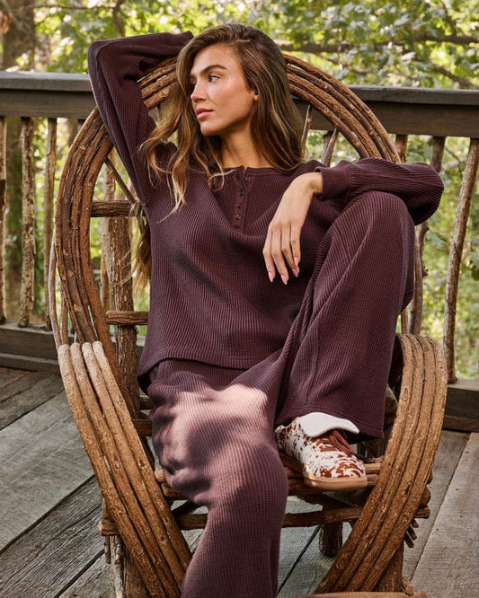 Women's dark plum waffle knit wide-leg lounge pants with relaxed fit